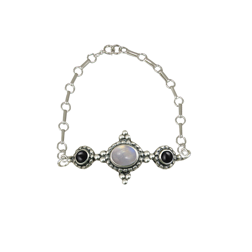 Sterling Silver Gemstone Adjustable Chain Bracelet With Rainbow Moonstone And Black Onyx